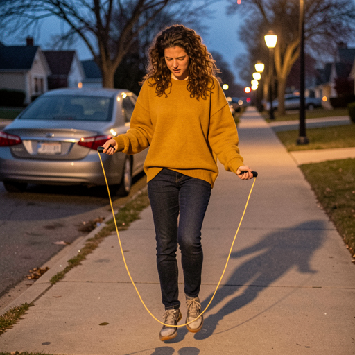 woman jumping rope in twilight on pavement