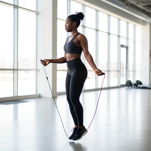 woman jumping rope in bright studio